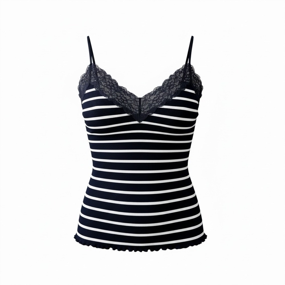 Lauren Ralph Lauren Womens Stripe Lace Trim Ribbed‎ Cami Tank Top Size L  Navy
